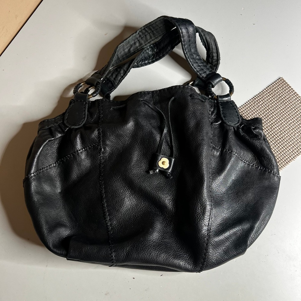 Lucky Brand Black Leather Hobo Shoulder Bag Floral Lining Drawstring Slouchy
